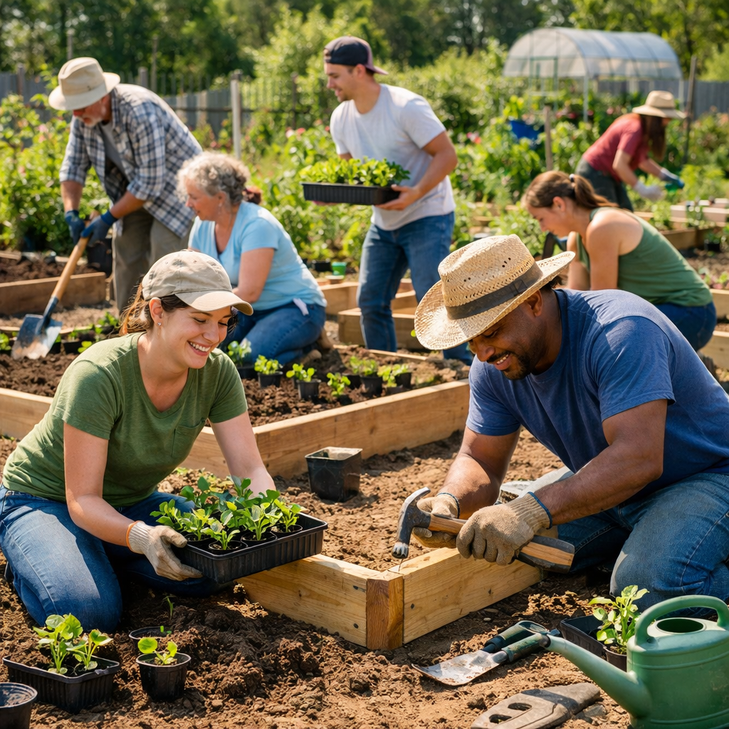 Community garden volunteers harvesting produce
