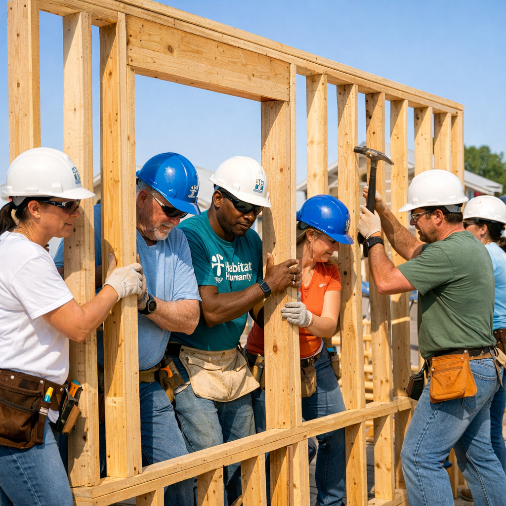Eagles volunteers helping frame a home